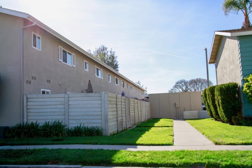 A sunny day in the Village Townhomes with row houses, trees, plants and lawn.