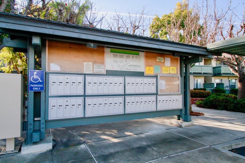 Windward Cove bulletin area with mailboxes and map on a sunny day.