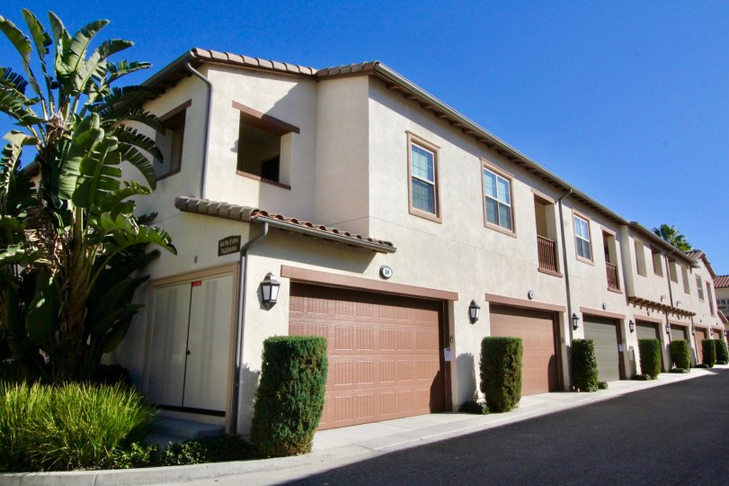 A sunny day in Four Quarters with houses with garages, blue sky and hedges.