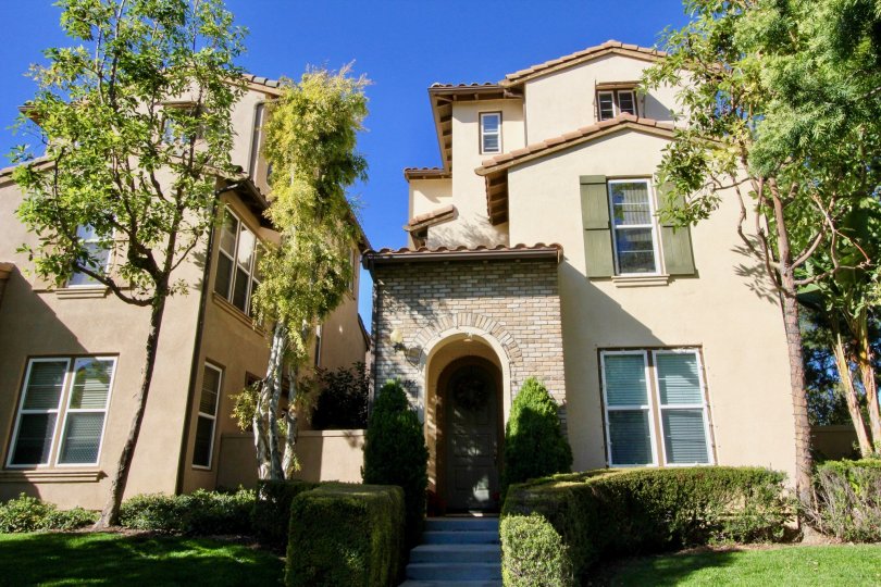 A sunny day in Ivy Wreath with a tall house with large windows and plaster and brick finish, surrounded by hedges and trees