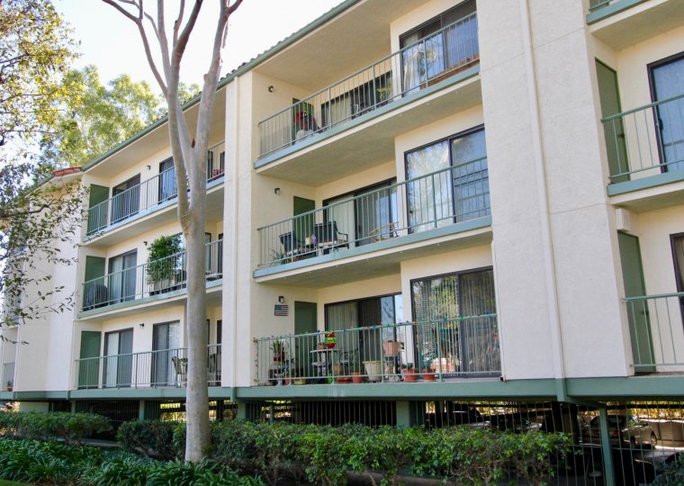 Building in Orangetree Terrace with balconies with potted plants and trees and hedges next to it.