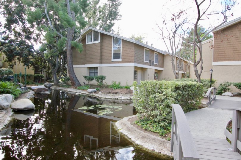 Overcast view of small pond with rocks and apartment buildings at The Lakes in Irvine, California