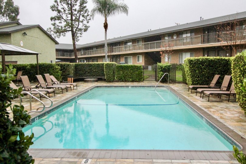 The restaurant in creekside village with swimming pool and lots of loungers, plants
