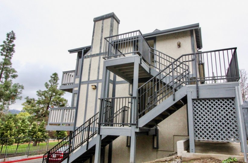 A staircase in the Heritage Walnut with ash color building.