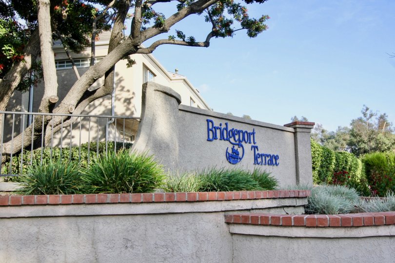 entrance to the Bridgeport terrace rental community with trees and bushes