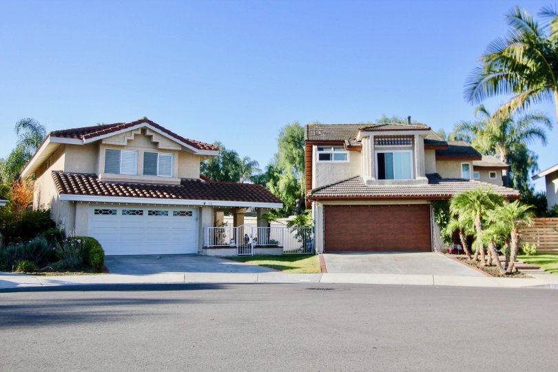 The front view of two large neighboring houses in a posh locality