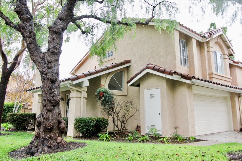 A sunny day in the area of Canyon Rim, trees, roof, condo, garage, door, window