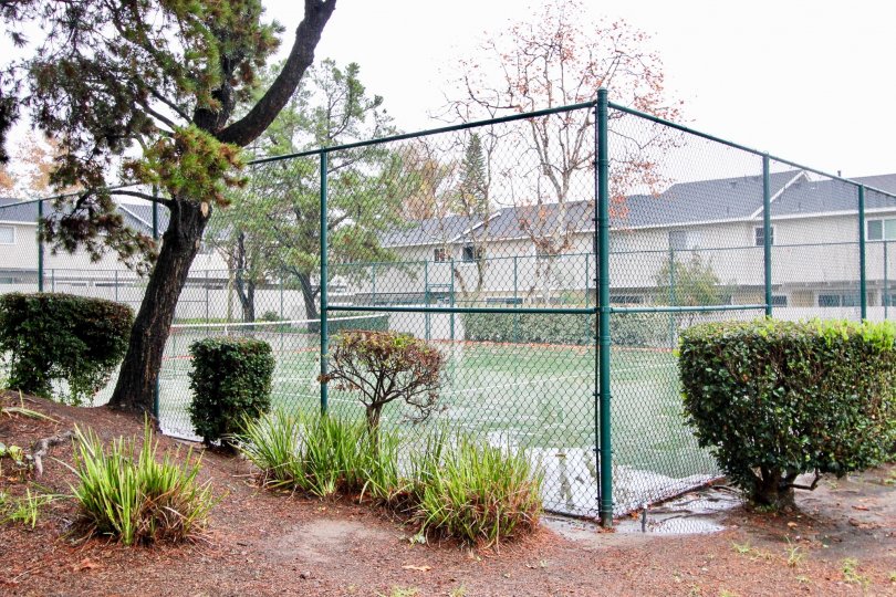 A green fence surrounds a large tennis court at the Richwood community in Lake Forest, California.