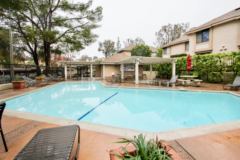 A pool in the White Oak community in Lake Forest California, surrounded by foliage and picnic tables.