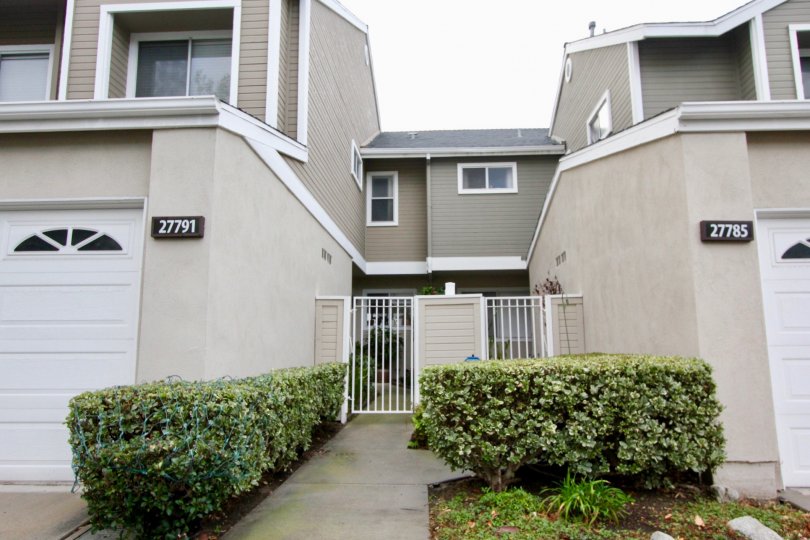 way in between the two house in colony having green bushes both the sides.