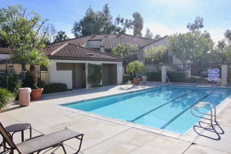 A serene pool in the backyard of a house with a white gate