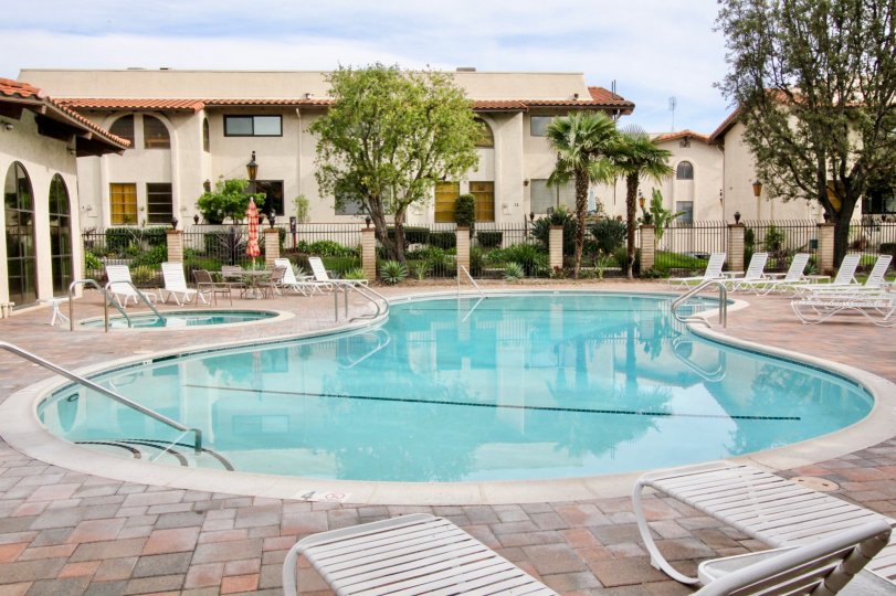 A serene pool in the backyard of a house with a white gate