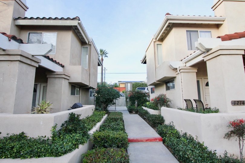 The sidewalk between buildings in the Villa Heights with flowers