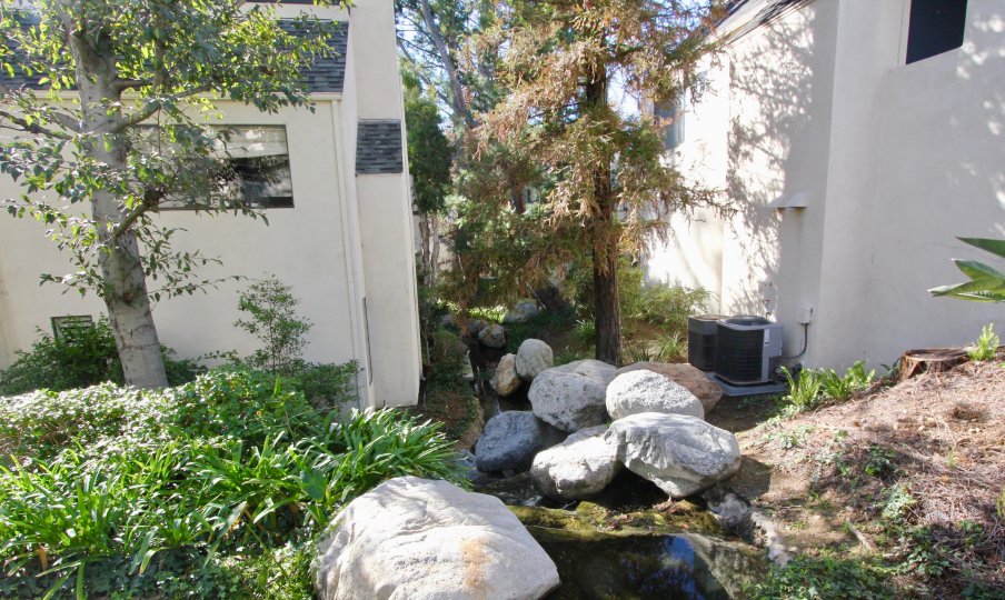 A stream in the Vileurbanne community with rocks and trees