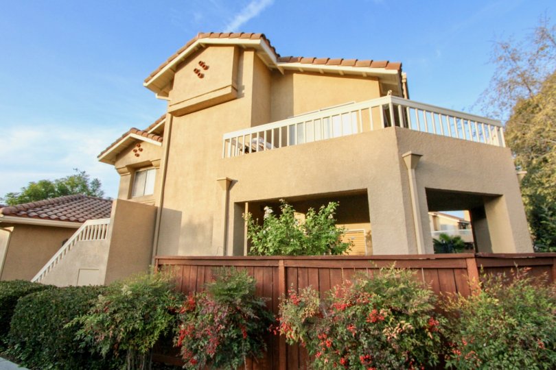 Pretty red flowering bushes sit in front of a privacy fence in Sierra Verde homes