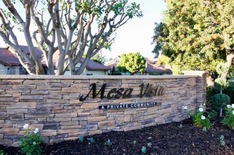 Trees and welcome sign at Mesa Vista North in San Juan Capistrano, CA
