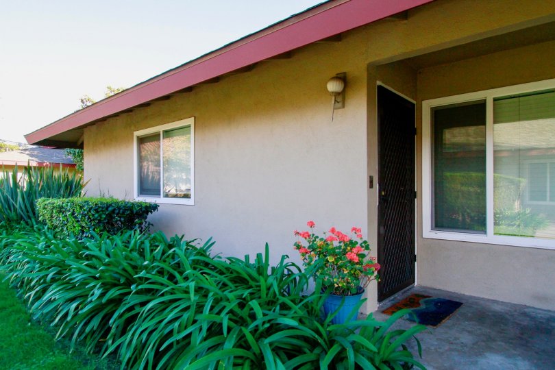 A door to a home in Westwood condos with plants and flowers.
