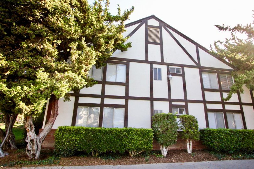 a warm day in the williamshire condos with abuilding that has roof less top and garden around