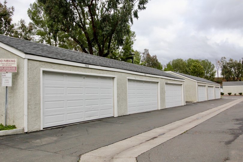 A cloudy day in the Yorba Linda Villages with a parking area.