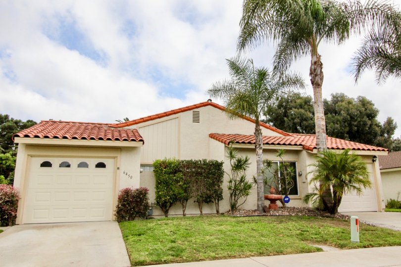 Cloudy day outside a ranch style house in Alta Mira Carlsbad California with green bushes and palm trees