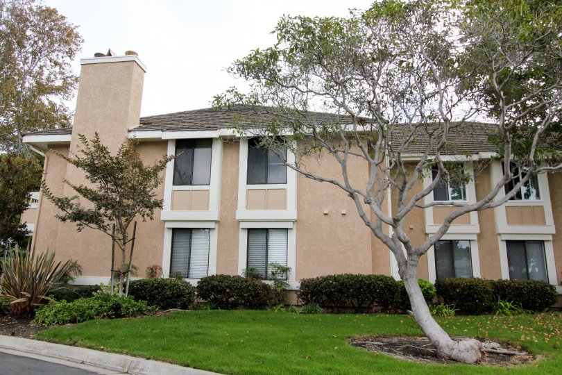THE BUILDING IN THE CARLSBAD CREST WITH THE TREES, LAWN, THAR ROAD