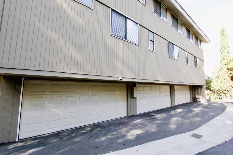 Some of the garages at Golf Crest community in Carlsbad, California on a sunny day
