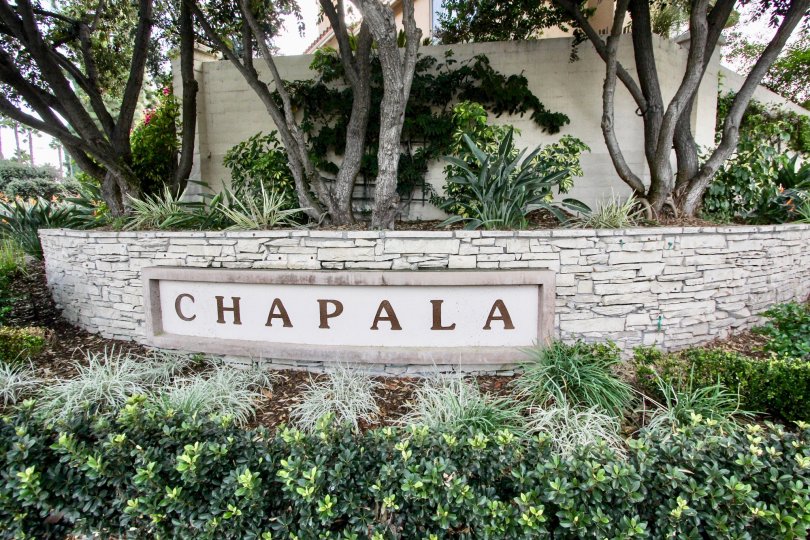 Signage with lush landscaping at the entryway to Chapala in Chula Vista, California