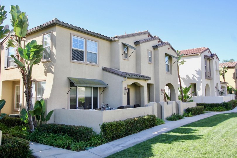 A nice housing community with similar looking houses, green grass, tall trees, patios, and nice walk ways