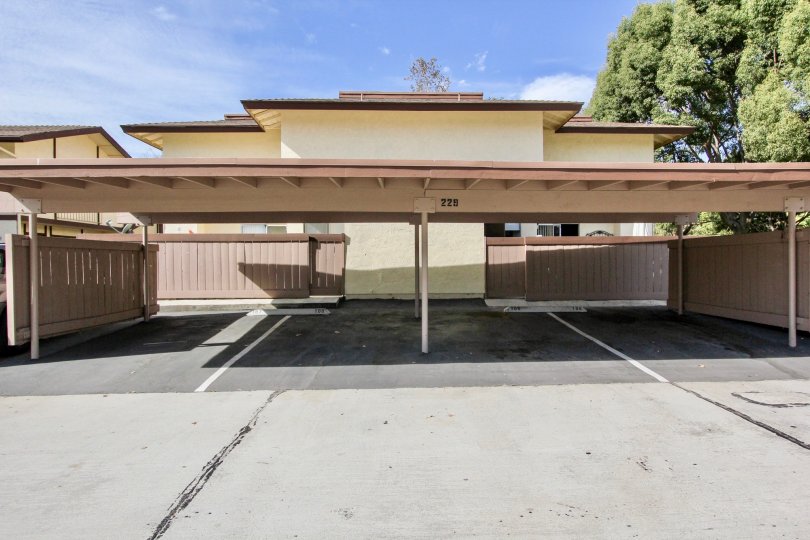 Covered parking located below a cluster of town homes at Rancho Rios in Chula Vista California