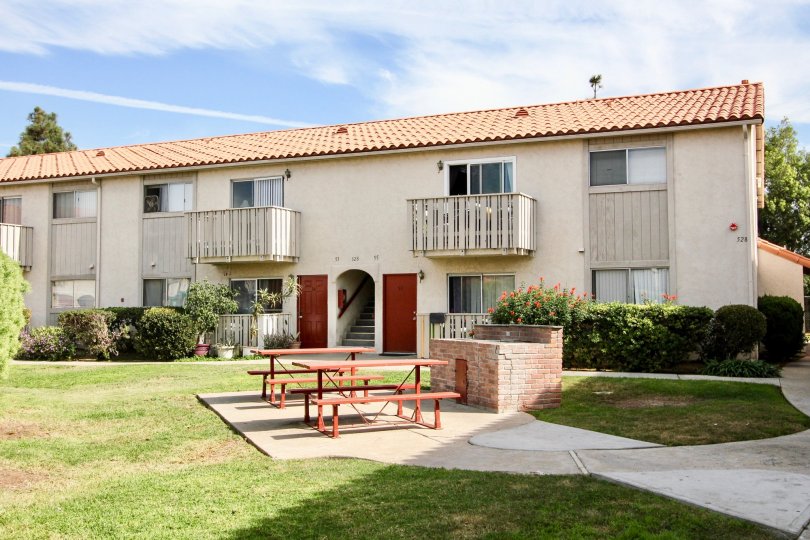 Sunny day front view with tables, Villa De Anita Community, Chula Vista, CA