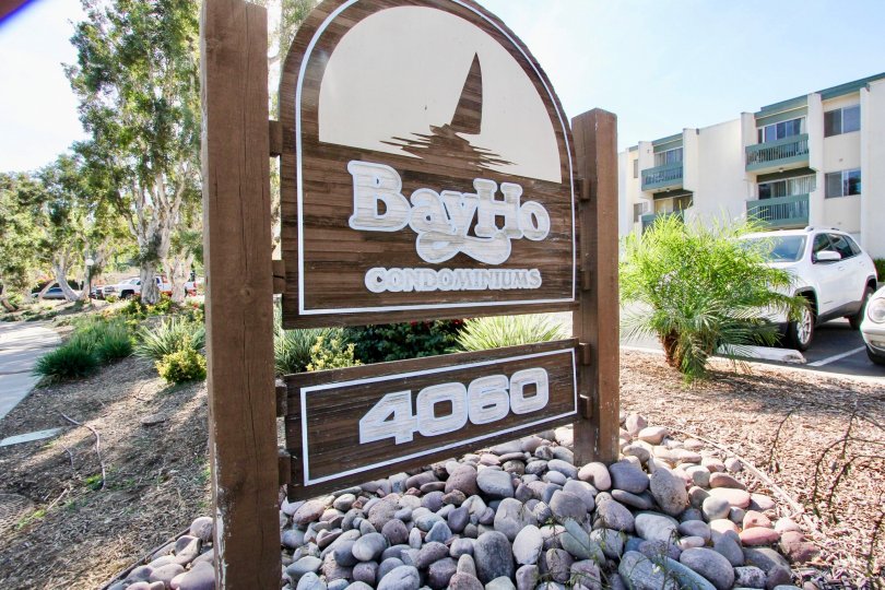 A wooden sign with white paint at the Bay Ho community in Clairemon Mesa California