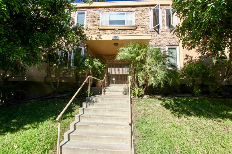 The long entrance steps of Adelaide Villas with grass on both sides