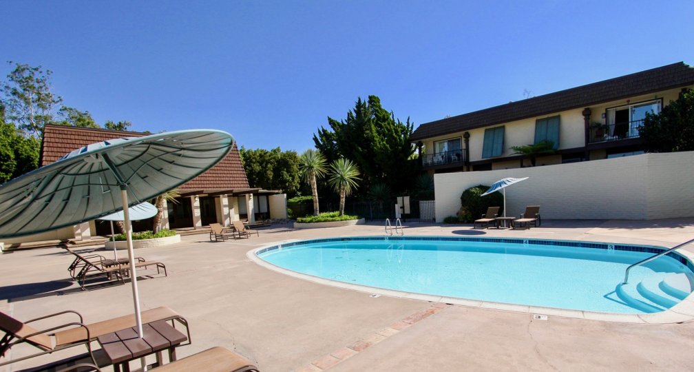 THE HOUSE IN THE COLLWOOD PARK WITH THE SWIMMING POOL, UMBRELLA, PLANTS, TREES