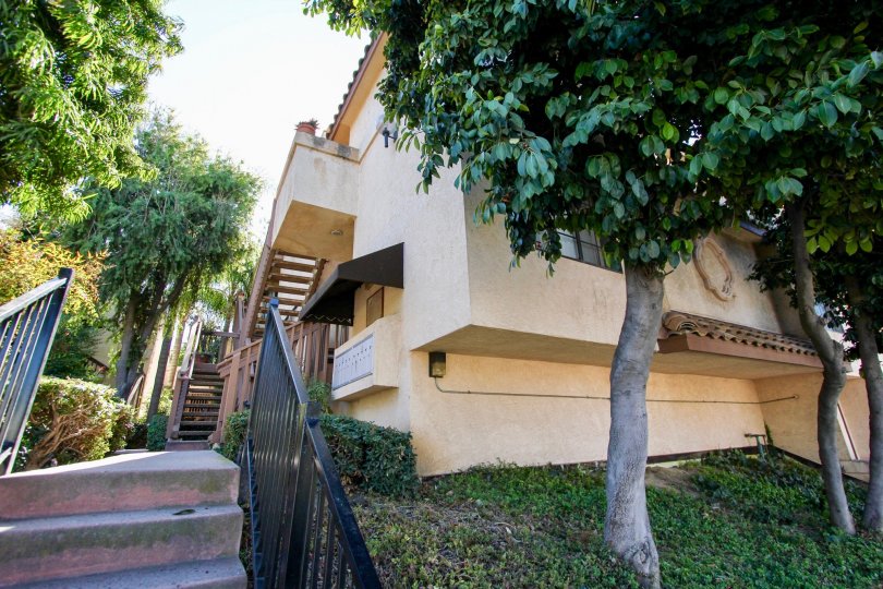 Stairway next to residential building surrounded by trees at Villa Estelle West in College Area California