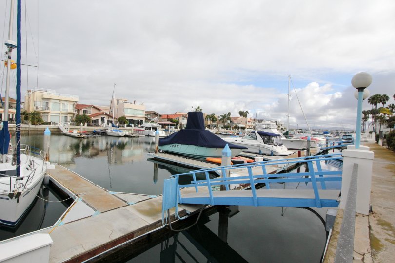 Boats with dock at Bhama Village in Coronado California