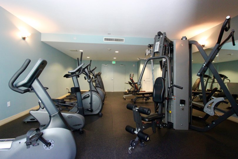 Exercise equipment in the gym in the Alicante community in downtown San Diego, CA.