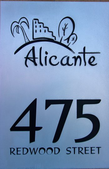 Sign for Alicante with address or 475 Redwood Street and logo