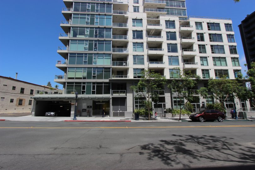 A glass building front in an apartment building in Aria Downtown San Diego CA