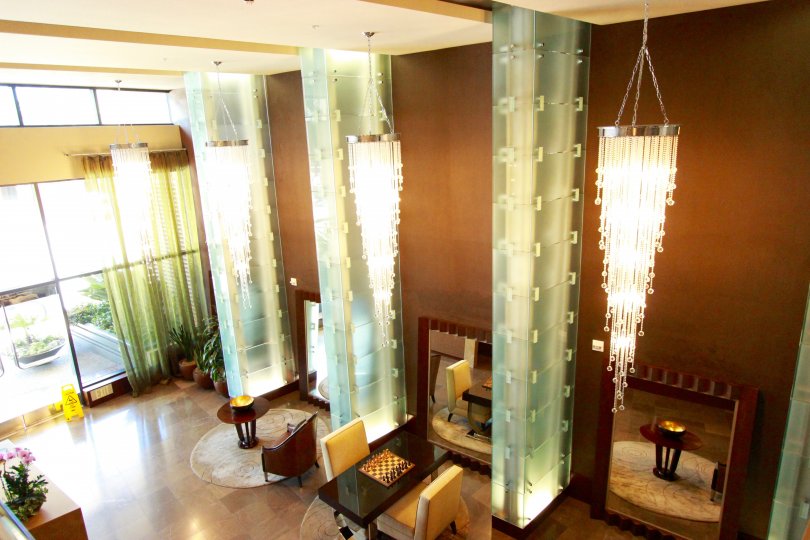 Atrium with glass architectural features invites you to stay awhile at Bayside.