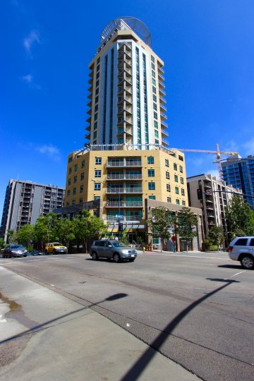A view from the street of the tower of Cortez Blu in downtown San Diego, CA