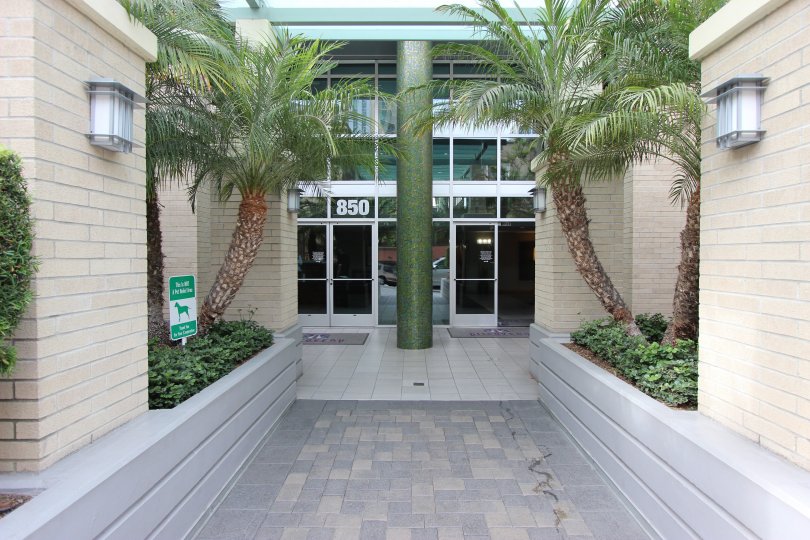 This is the entrance of the hotel which has the glass doors and the both sides were plated the trees in the city of Downtown San Diego