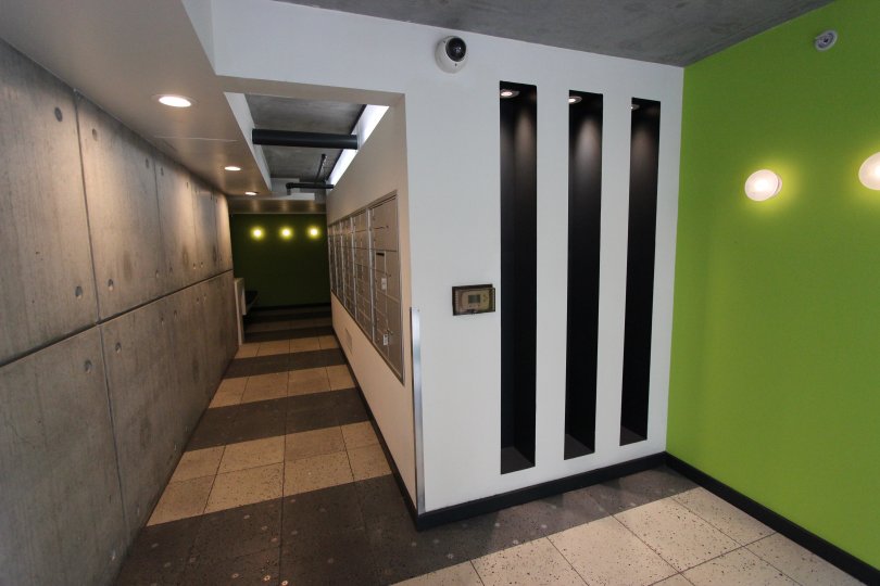 A mailbox hallway in Fahrenheit community in Downtown San Diego CA.