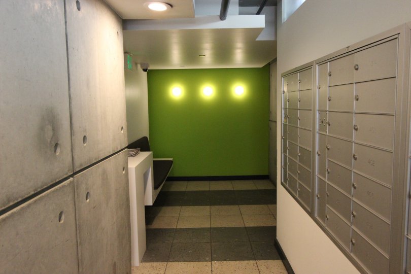 A mailbox hallway in Fahrenheit community in Downtown San Diego CA.