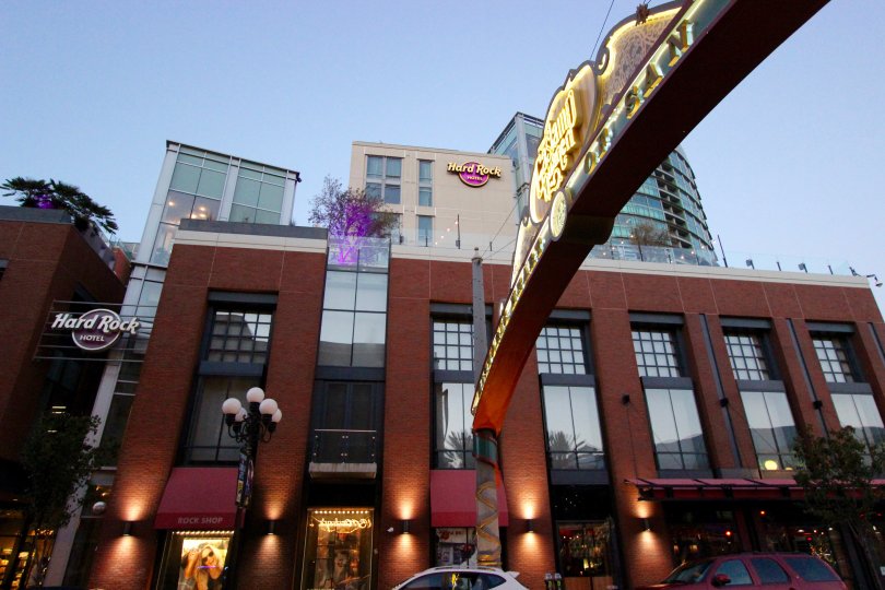 neon sign attached to a building at Hardrock inside Downtown San Diego CA