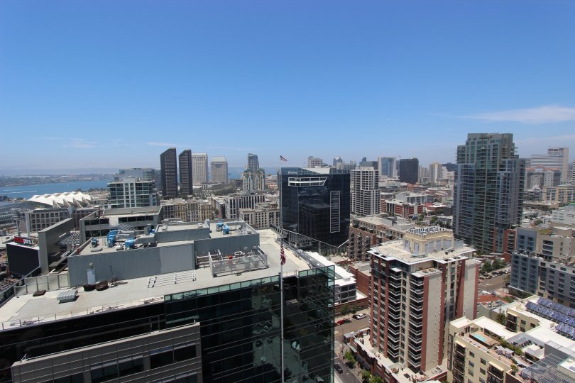 Blue Sky with a high view of buildings in the Icon Community of Downtown San Diego, CA.