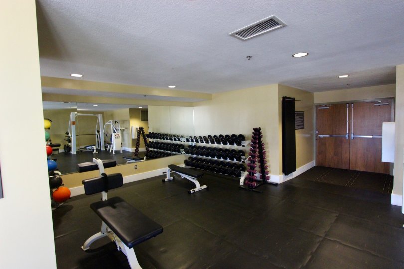 Dumb bell in workout area in Park Place Downtown San Diego California