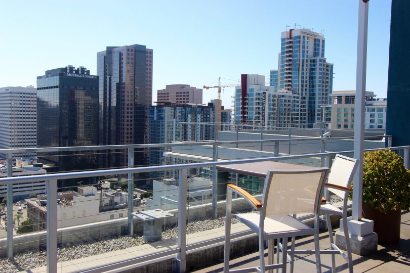 A sunny day in the area of Smart Corner, rooftop, chair, city view, potted plant, stone