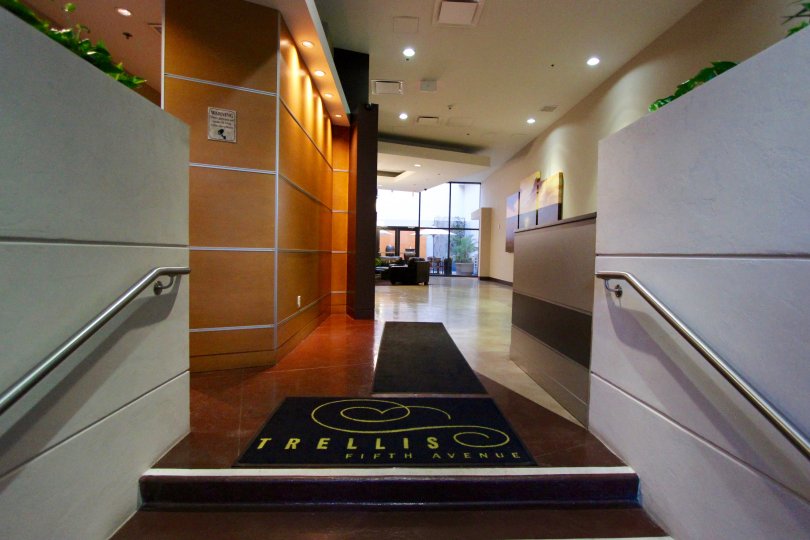 An illuminated interior of Trellis building in San Diego, California