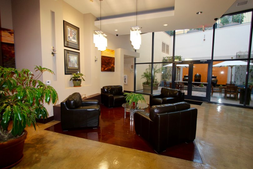 A lounge and eat in lobby located the Trellis building in Downtown San Diego in CA