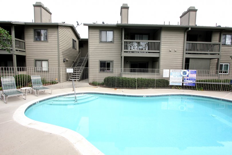 Two story apartment buildings above a swimming pool at Broadway Timbers in El Cajon California